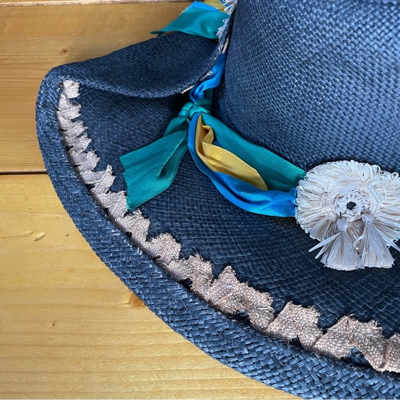 Von Henneberg Raffia Derby Hat Black with Ribbon Straw Floral Detail main image 10